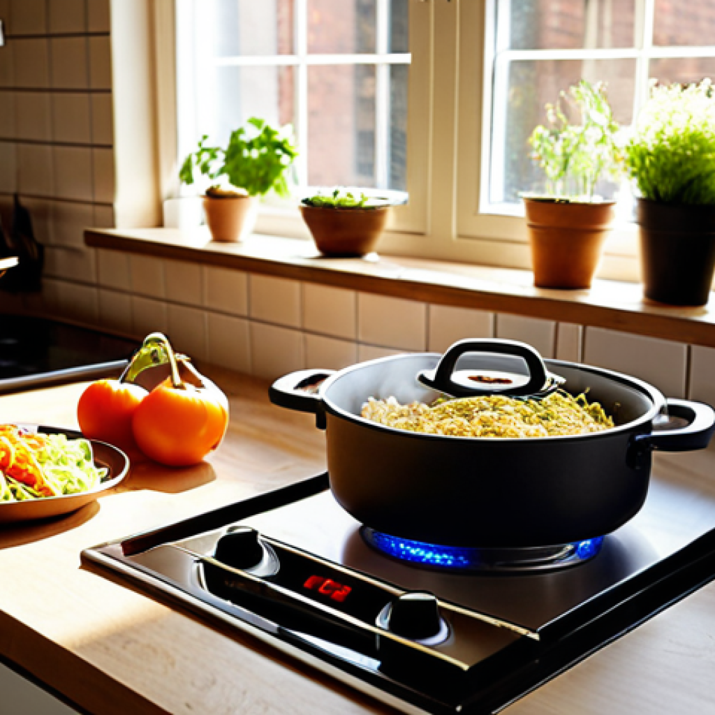**Image Prompt:** A Dutch kitchen scene. Focus on energy-efficient cooking: a person using an induction cooktop with a pan covered by a lid, a vegetable steamer beside it, and a visible smart meter displaying low energy consumption. Sunlight is streaming through the window with an air fryer on the counter, suggesting an energy-saving choice.
