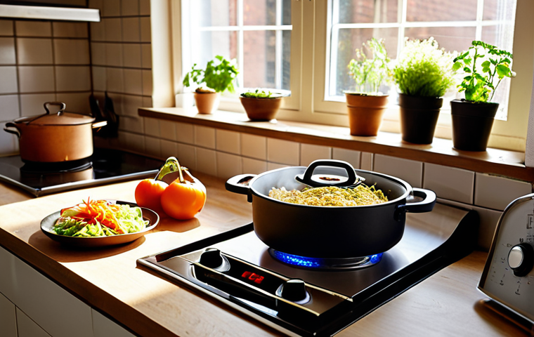 **Image Prompt:** A Dutch kitchen scene. Focus on energy-efficient cooking: a person using an induction cooktop with a pan covered by a lid, a vegetable steamer beside it, and a visible smart meter displaying low energy consumption. Sunlight is streaming through the window with an air fryer on the counter, suggesting an energy-saving choice.
